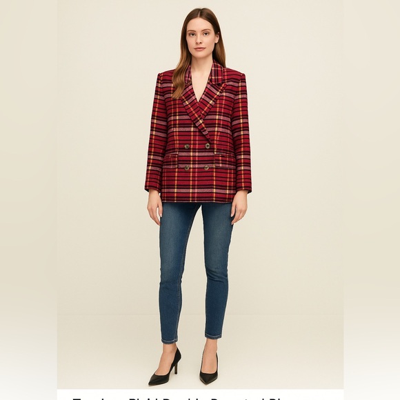 Topshop Plaid Double Breasted Blazer Red Pink Yellow Women’s Size 6 - Picture 1 of 5